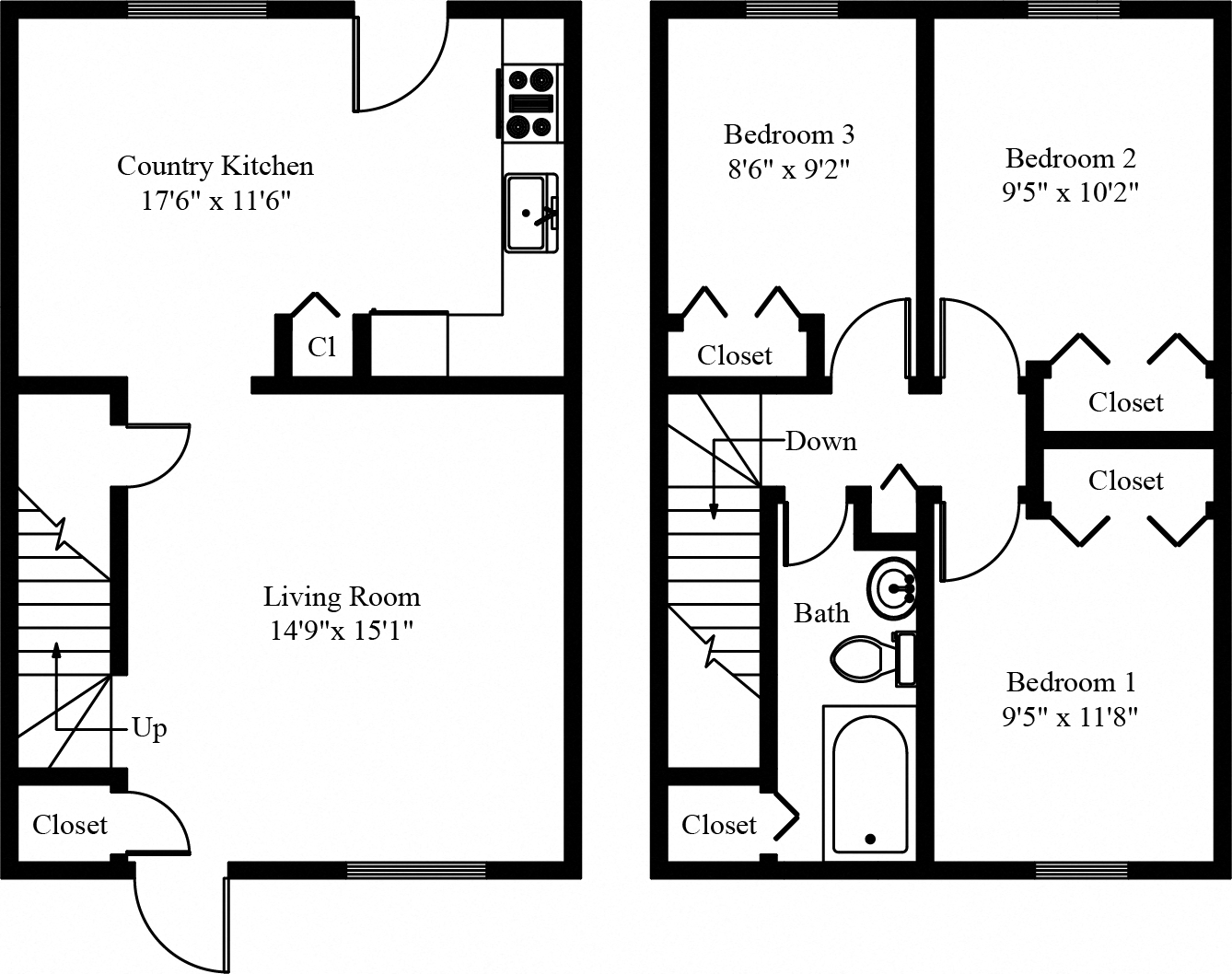 Floor plan for 3 beds, 1 bath, 866 sqft